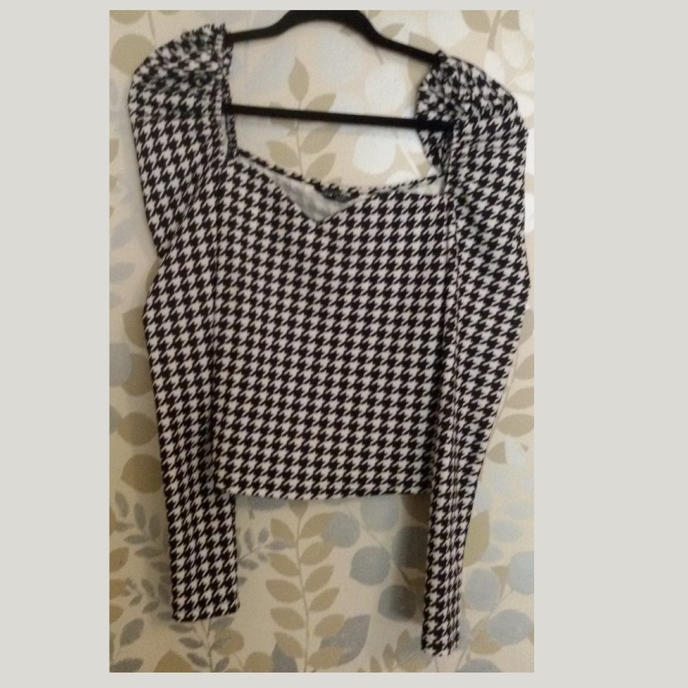 Shein Black White Squares Blouse + Jacket Sz L